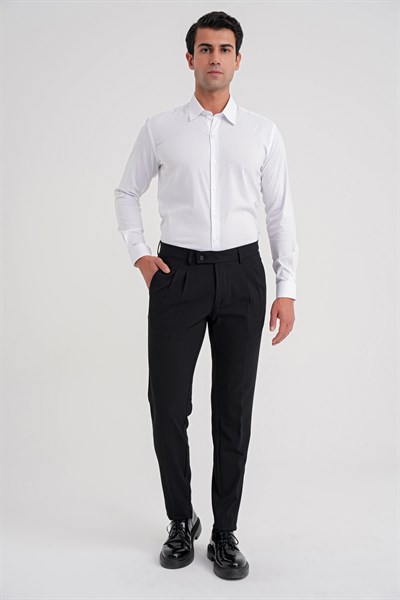 Comfort Fit Rahat Kalıp Çift Pileli Yan Cepli Esnek Yünlü Çizgili Siyah Pantolon P 1204