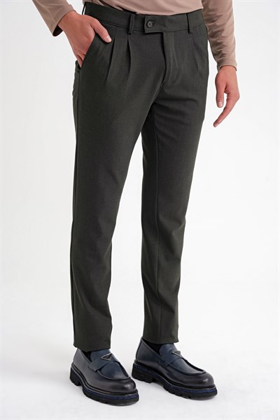 Comfort Fit Rahat Kalıp Çift Pileli Yan Cepli Esnek Yünlü Füme Pantolon P 1205