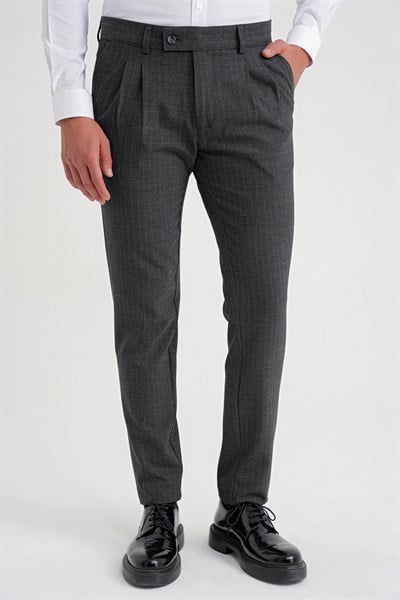Comfort Fit Rahat Kalıp Çift Pileli Yan Cepli Esnek Yünlü Çizgili Füme Pantolon P 1204