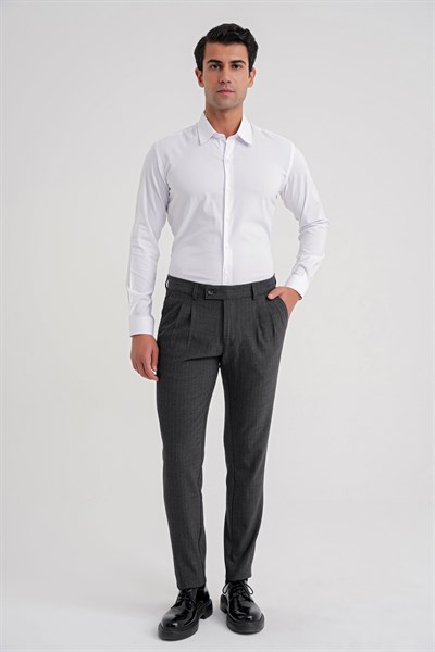 Comfort Fit Rahat Kalıp Çift Pileli Yan Cepli Esnek Yünlü Çizgili Füme Pantolon P 1204