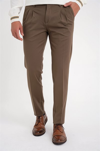 Comfort Fit Rahat Kalıp Çift Pileli Yan Cepli Esnek Pamuklu Tütün Pantolon P 1202