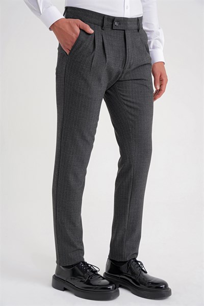 Comfort Fit Rahat Kalıp Çift Pileli Yan Cepli Esnek Yünlü Çizgili Füme Pantolon P 1204