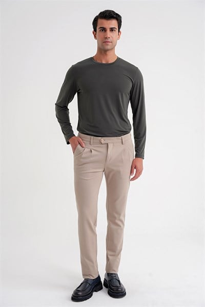 Comfort Fit Rahat Kalıp Çift Pileli Yan Cepli Esnek Pamuklu Bej Pantolon P 1202