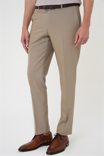 Comfort Fit Rahat Kalıp Esnek %97 Yün Klasik Düz Bej Kumaş Pantolon P 1191