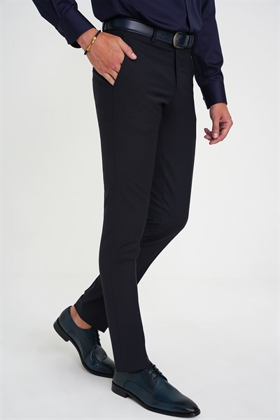 Comfort Fit Rahat Kalıp Esnek %97 Yün Klasik Düz Lacivert Kumaş Pantolon P 1191