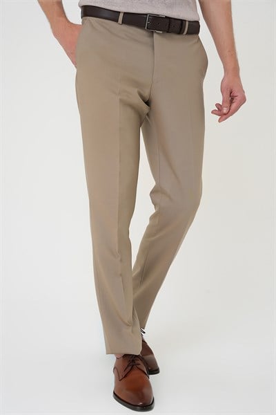 Comfort Fit Rahat Kalıp Esnek %97 Yün Klasik Düz Bej Kumaş Pantolon P 1191