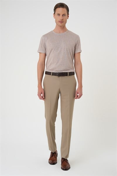 Comfort Fit Rahat Kalıp Esnek %97 Yün Klasik Düz Bej Kumaş Pantolon P 1191