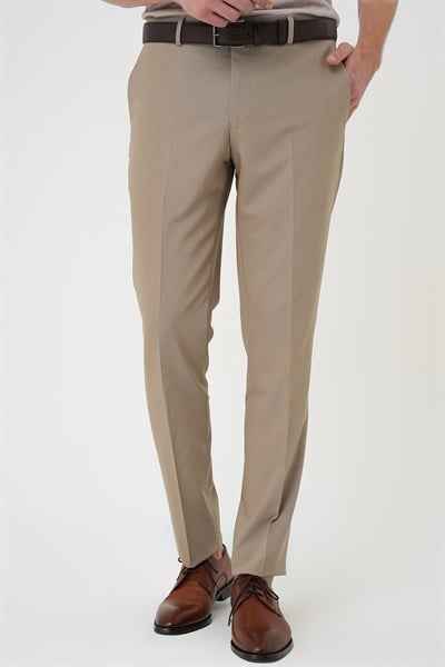 Comfort Fit Rahat Kalıp Esnek %97 Yün Klasik Düz Bej Kumaş Pantolon P 1191