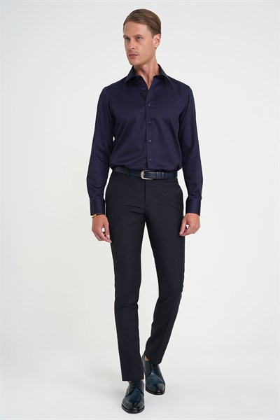 Comfort Fit Rahat Kalıp Esnek %97 Yün Klasik Düz Lacivert Kumaş Pantolon P 1191
