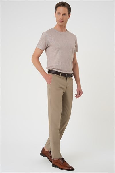 Comfort Fit Rahat Kalıp Esnek %97 Yün Klasik Düz Bej Kumaş Pantolon P 1191