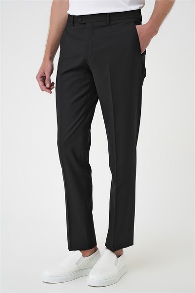 Comfort Fit Rahat Kalıp Esnek %97 Yün Klasik Düz Siyah Kumaş Pantolon P 1191