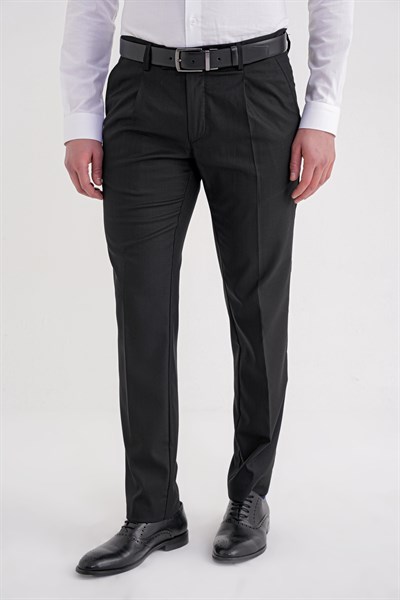 Comfort Fit Rahat Kalıp Esnek Yünlü Pileli Siyah Kumaş Pantolon P 1210