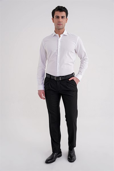 Comfort Fit Rahat Kalıp Esnek Yünlü Pileli Siyah Kumaş Pantolon P 1210