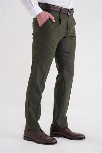 Comfort Fit Rahat Kalıp Esnek Yünlü Pileli Haki Kumaş Pantolon P 1210
