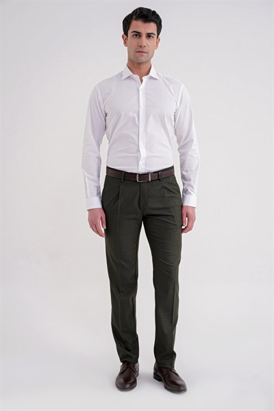 Comfort Fit Rahat Kalıp Esnek Yünlü Pileli Haki Kumaş Pantolon P 1210