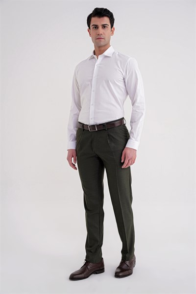 Comfort Fit Rahat Kalıp Esnek Yünlü Pileli Haki Kumaş Pantolon P 1210