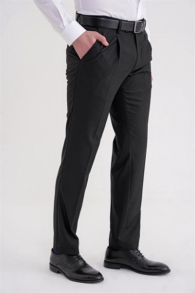Comfort Fit Rahat Kalıp Esnek Yünlü Pileli Siyah Kumaş Pantolon P 1210