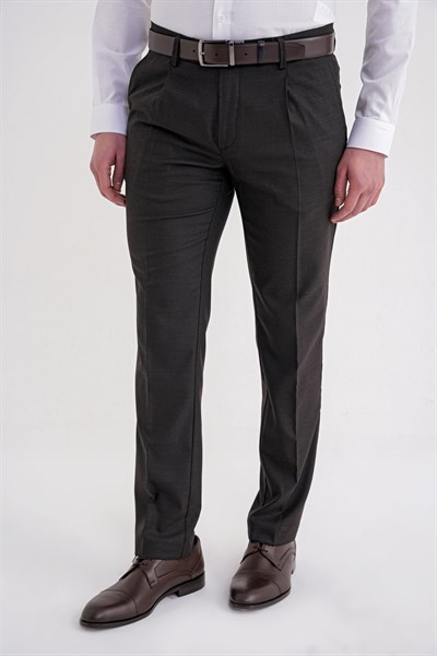 Comfort Fit Rahat Kalıp Esnek Yünlü Pileli Kahverengi Kumaş Pantolon P 1210