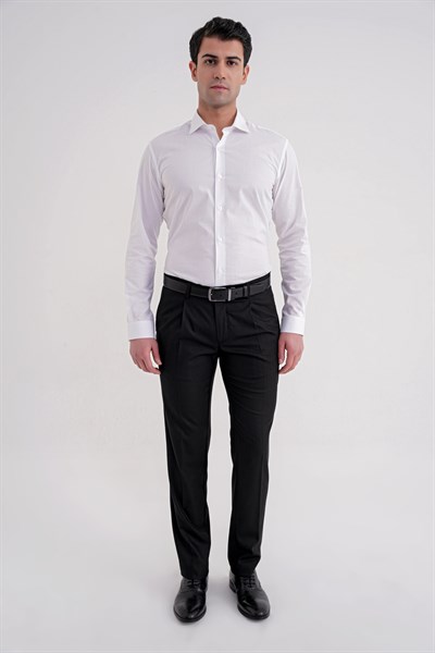 Comfort Fit Rahat Kalıp Esnek Yünlü Pileli Siyah Kumaş Pantolon P 1210