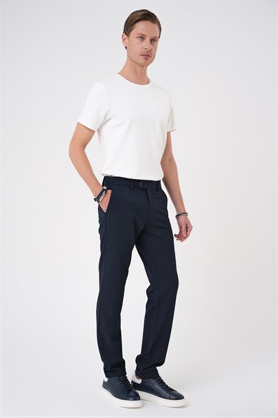 Comfort Fit Rahat Kalıp Gofre Dokulu Beli Lastikli Çizgili Lacivert Jogger Pantolon P 1177