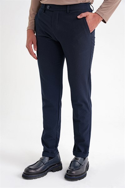 Comfort Fit Rahat Kalıp Gofre Dokulu Beli Lastikli Çizgili Koyu Lacivert Jogger Pantolon P 1177