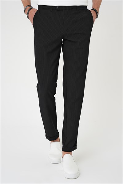 Comfort Fit Rahat Kalıp Gofre Dokulu Beli Lastikli Çizgili Siyah Jogger Pantolon P 1177