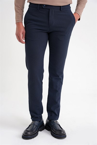 Comfort Fit Rahat Kalıp Gofre Dokulu Beli Lastikli Çizgili Koyu Lacivert Jogger Pantolon P 1177