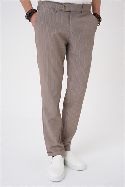 Comfort Fit Rahat Kalıp Gofre Dokulu Beli Lastikli Çizgili Vizon Jogger Pantolon P 1177