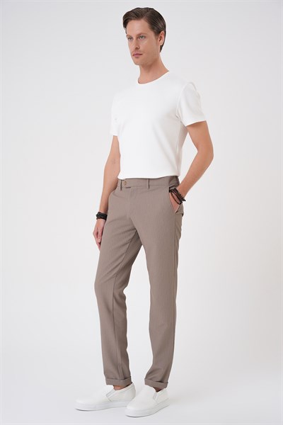 Comfort Fit Rahat Kalıp Gofre Dokulu Beli Lastikli Çizgili Vizon Jogger Pantolon P 1177