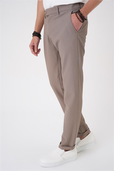 Comfort Fit Rahat Kalıp Gofre Dokulu Beli Lastikli Çizgili Vizon Jogger Pantolon P 1177