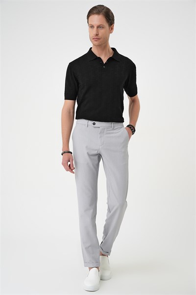 Comfort Fit Rahat Kalıp Gofre Dokulu Beli Lastikli Çizgili Gri Jogger Pantolon P 1177