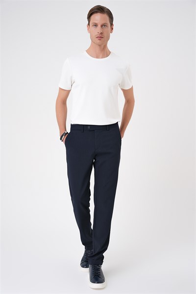 Comfort Fit Rahat Kalıp Gofre Dokulu Beli Lastikli Çizgili Lacivert Jogger Pantolon P 1177