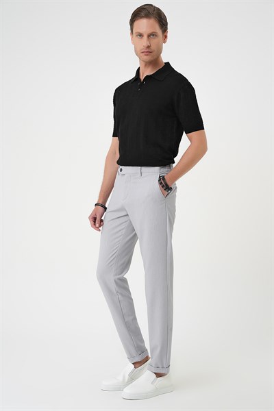 Comfort Fit Rahat Kalıp Gofre Dokulu Beli Lastikli Çizgili Gri Jogger Pantolon P 1177