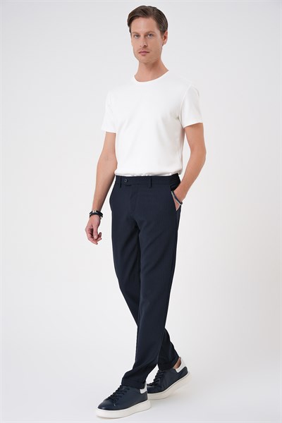 Comfort Fit Rahat Kalıp Gofre Dokulu Beli Lastikli Çizgili Lacivert Jogger Pantolon P 1177