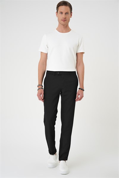 Comfort Fit Rahat Kalıp Gofre Dokulu Beli Lastikli Çizgili Siyah Jogger Pantolon P 1177