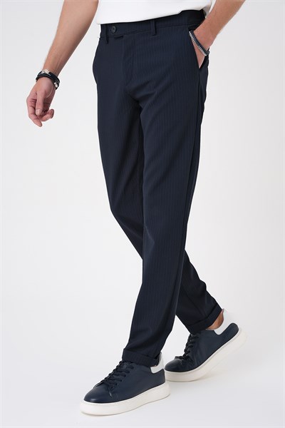 Comfort Fit Rahat Kalıp Gofre Dokulu Beli Lastikli Çizgili Lacivert Jogger Pantolon P 1177
