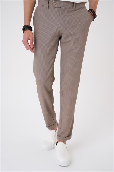 Comfort Fit Rahat Kalıp Gofre Dokulu Beli Lastikli Çizgili Vizon Jogger Pantolon P 1177