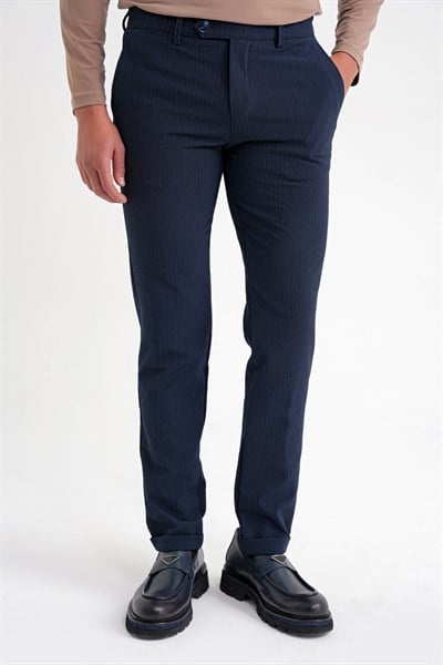 Comfort Fit Rahat Kalıp Gofre Dokulu Beli Lastikli Çizgili Koyu Lacivert Jogger Pantolon P 1177