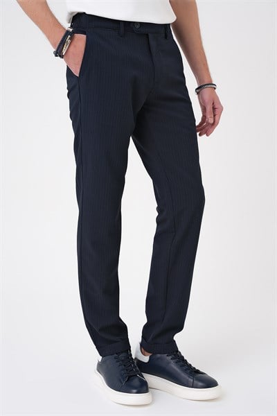 Comfort Fit Rahat Kalıp Gofre Dokulu Beli Lastikli Çizgili Lacivert Jogger Pantolon P 1177
