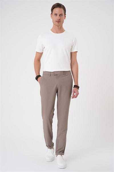 Comfort Fit Rahat Kalıp Gofre Dokulu Beli Lastikli Çizgili Vizon Jogger Pantolon P 1177