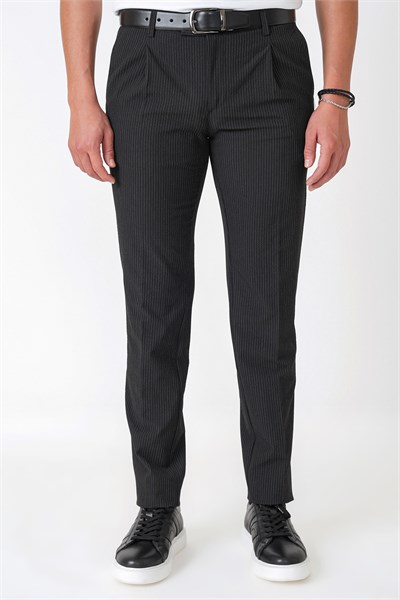 Comfort Fit Rahat Kalıp Pileli Esnek Pamuklu Çizgili Koyu Siyah Jogger Pantolon P 1218