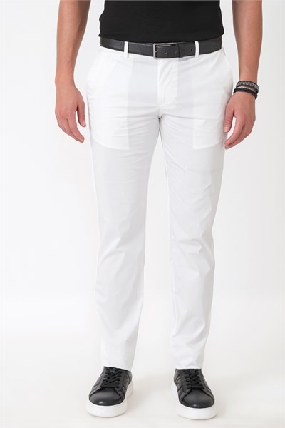 Comfort Fit Rahat Kalıp Yan Cep Beli Lastikli %97 Pamuk Beyaz Pantolon P 1214