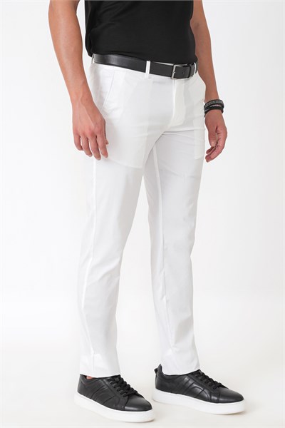 Comfort Fit Rahat Kalıp Yan Cep Beli Lastikli %97 Pamuk Beyaz Pantolon P 1214
