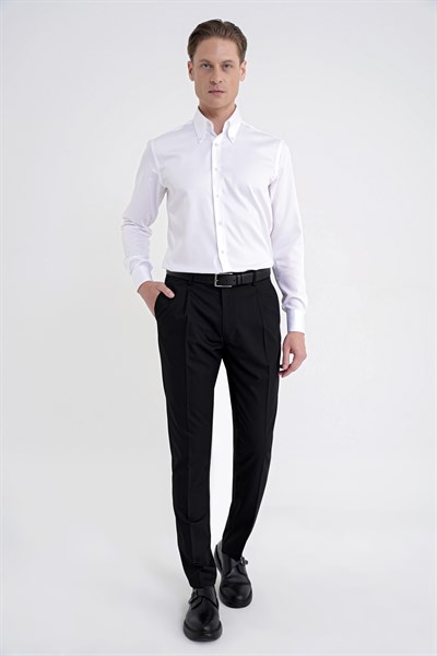 Comfort Fit Rahat Kalıp Yan Cep Esnek Pamuklu Gabardin Pileli Siyah Pantolon P 1211