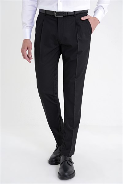 Comfort Fit Rahat Kalıp Yan Cep Esnek Pamuklu Gabardin Pileli Siyah Pantolon P 1211