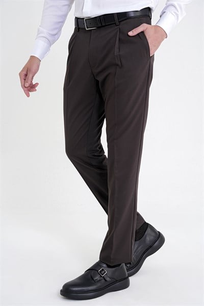 Comfort Fit Rahat Kalıp Yan Cep Esnek Pamuklu Gabardin Pileli Kahverengi Pantolon P 1211