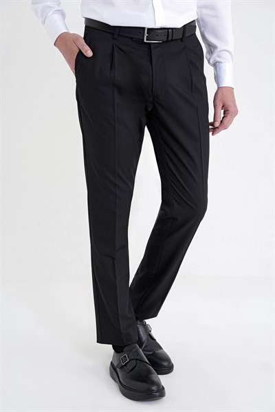 Comfort Fit Rahat Kalıp Yan Cep Esnek Pamuklu Gabardin Pileli Siyah Pantolon P 1211