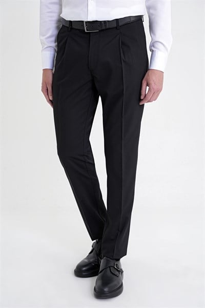 Comfort Fit Rahat Kalıp Yan Cep Esnek Pamuklu Gabardin Pileli Siyah Pantolon P 1211