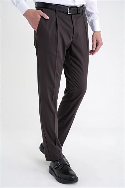 Comfort Fit Rahat Kalıp Yan Cep Esnek Pamuklu Gabardin Pileli Kahverengi Pantolon P 1211