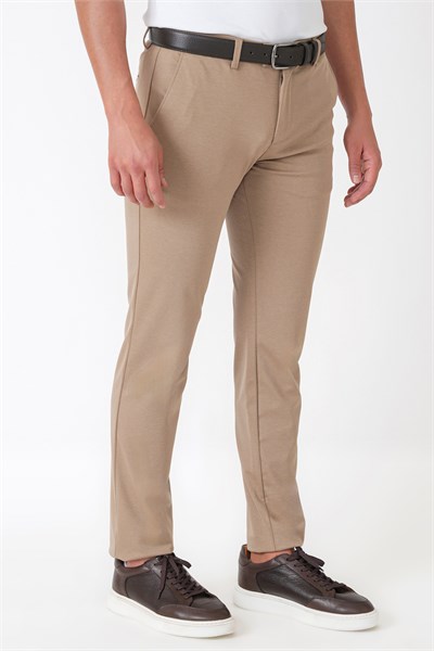 Comfort Fit Rahat Kalıp Yan Cep Pamuklu Dokulu Koyu Bej Pantolon P 1219